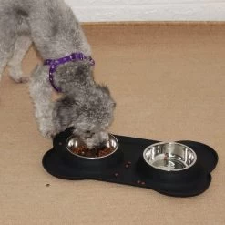Super Design Double Bowl & Silicone Mat Black -Pet Supplies Sale extra 1138